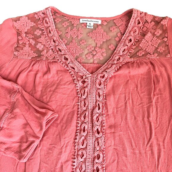 JP Richard Crochet Tunic Top Embroidered Pink Gauze Flowy XL Peasant Cottage Y2K - Picture 4 of 16
